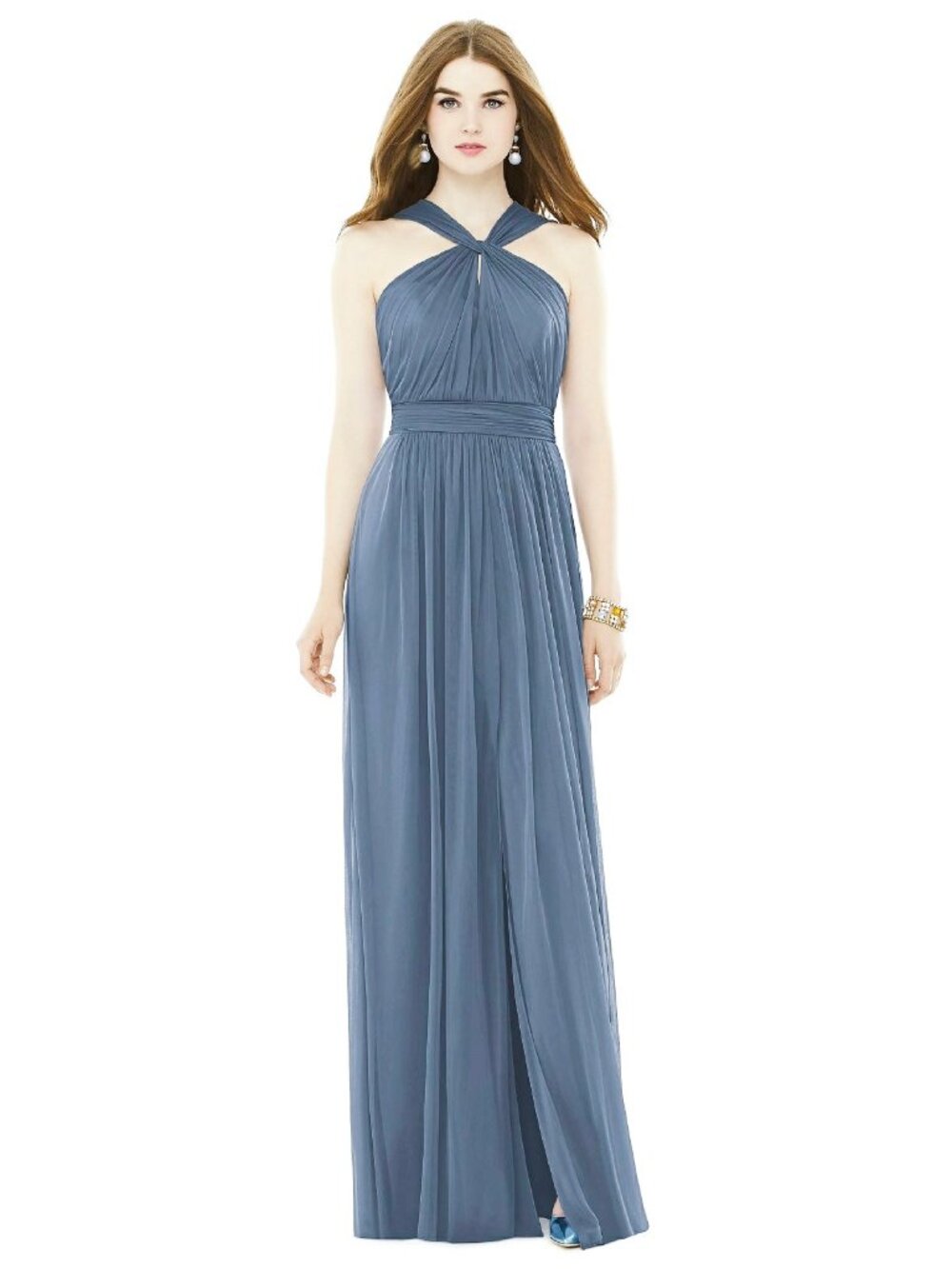 Alfred Sung 720...Maxi Chiffon Knit Halter Neck Dress...Larkspur Blue...Sz 14